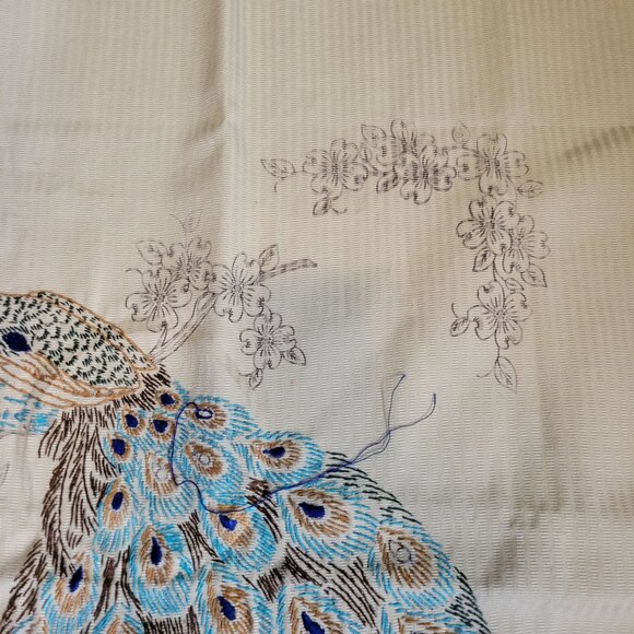 Vintage Peacock Embroidery Project Pure Linen Unfinished Project Started - Picture 4 of 9